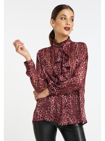 faina Damen Rüschenbluse Mit Leoprint in Rot