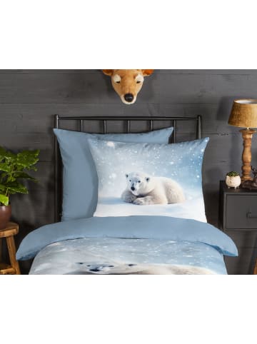 Good Morning Comfort Flanell Bettwäsche - Esben - Eisbär, Schnee in blau