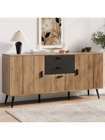 ABRIHOME Sideboard in Holzfarbe Schwarz 140x35x67 cm mit 3 Türen 2 Schubladen