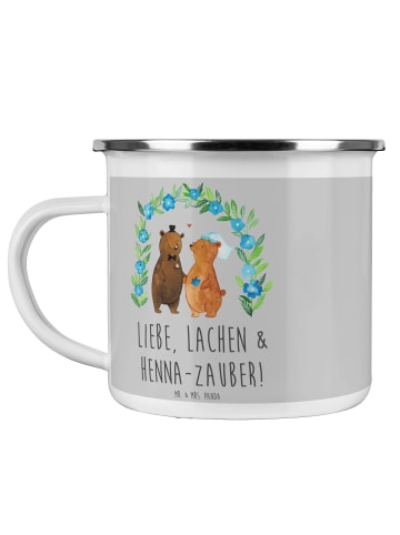 Mr. & Mrs. Panda Camping Emaille Tasse Henna-Abend Magie mit Spruch in Heather Grey