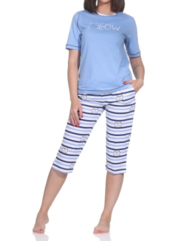 NORMANN Kurzarm Capri Schlafanzug Pyjama Katzen Optik Übergrößen in blau