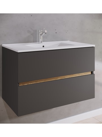 VCM  2 tlg. Badmöbel-Set mit Waschbecken Cosila-I 81 cm in Anthrazit / Honig-Eiche