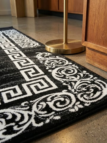 KADIMA DESIGN Teppich Kurzflor Waschbar Mäander ASPEN Strapazierfähig OEKO-TEX in Schwarz