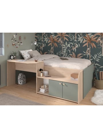 Parisot Hochbett Eiche, grün, Stauraum-Bett für Kinder- und Jugendzimmer, 90 x 200 cm