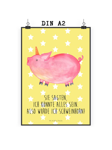 Mr. & Mrs. Panda Poster Einhorn Schwein mit Spruch in Gelb Pastell