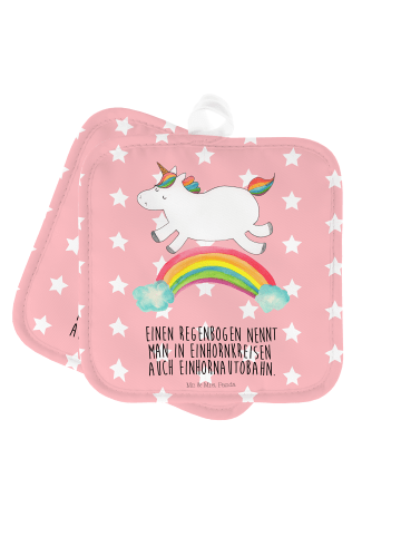 Mr. & Mrs. Panda Kochlappen Einhorn Regenbogen mit Spruch in Rot Pastell