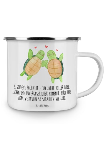 Mr. & Mrs. Panda Camping Emaille Tasse 50. Hochzeitstag mit Spruch in Weiß