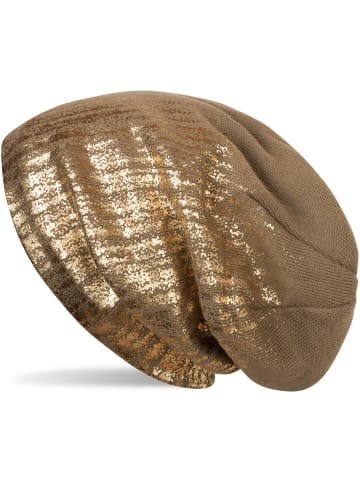 styleBREAKER Feinstrick Beanie Mütze in Braun / Gold