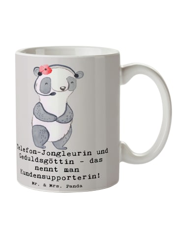 Mr. & Mrs. Panda Porzellantasse Meisterin Kundensupport mit Spruch in Grau Pastell