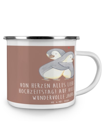Mr. & Mrs. Panda Camping Emaille Tasse 14. Hochzeitstag Elfenbei... in Braun Pastell