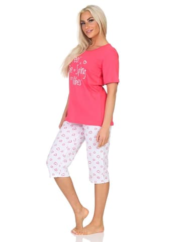 NORMANN Schlafanzug kurzarm Capri Pyjama Pyjamahose Herz print in pink