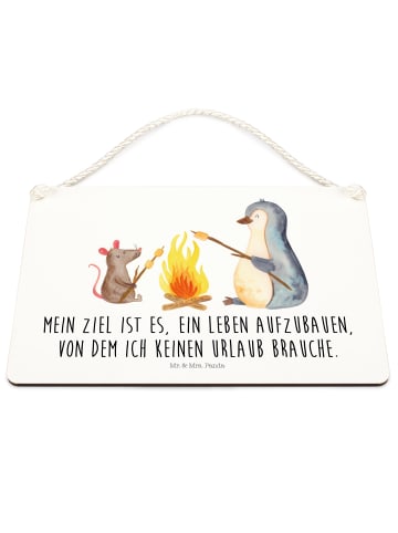 Mr. & Mrs. Panda Schild Pinguin Lagerfeuer mit Spruch in Weiß