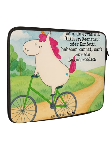 Mr. & Mrs. Panda Laptop Tasche Einhorn Radfahrer Design mit Spruch in Weiß