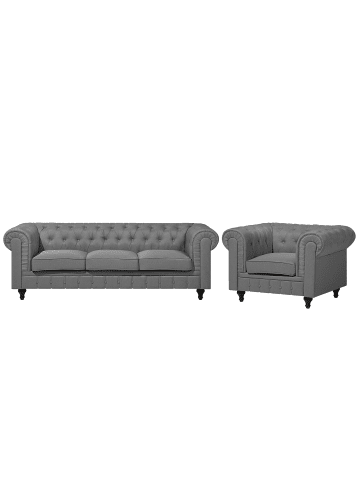 Beliani 2-tlg Sitzgruppe CHESTERFIELD in Grau/Dunkler Holzfarbton