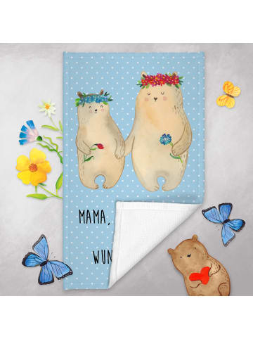 Mr. & Mrs. Panda Gästehandtuch Bären mit Blumenkranz mit Spruch in Blau Pastell