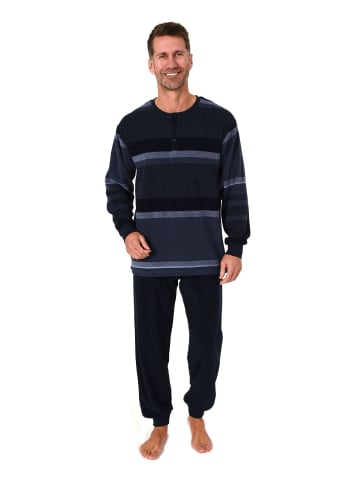 NORMANN Langarm Schlafanzug Frottee Stretch Pyjama Bündchen in marine