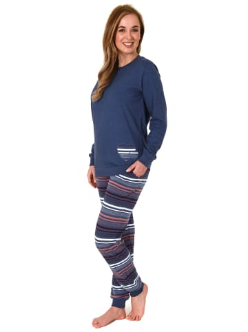 NORMANN Pyjama Bündchen und gestreifter Hose - 69179 in blau-melange