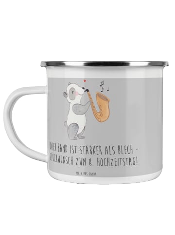 Mr. & Mrs. Panda Camping Emaille Tasse 8. Hochzeitstag Blechhoch... in Heather Grey