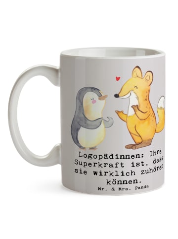 Mr. & Mrs. Panda Kaffeebecher Logopädin Superkraft mit Spruch in Grau Pastell