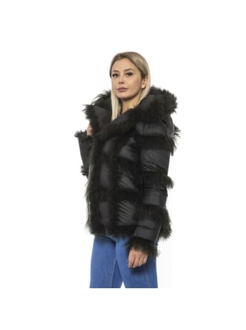 Schwarz Poly Jacke mit Lamm Webpelz Kapuze für Damen