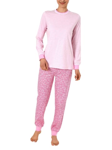 NORMANN Pyjama Schlafanzug langarm Bündchen und Spitze in rosa