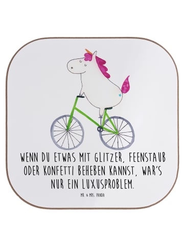 Mr. & Mrs. Panda Glas-Untersetzer Einhorn Radfahrer mit Spruch in Weiß