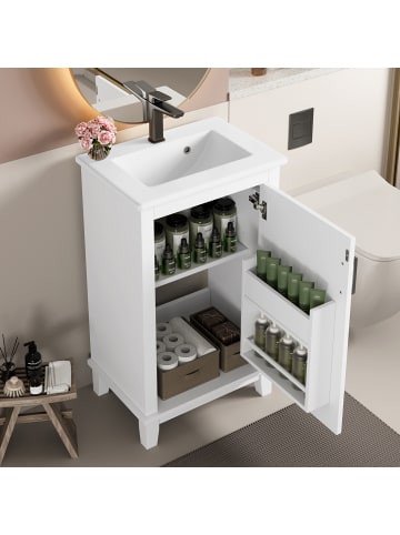 ABRIHOME Waschbeckenunterschrank in Weiß 51x34x83 cm stehend mit Keramikbecken Türregal