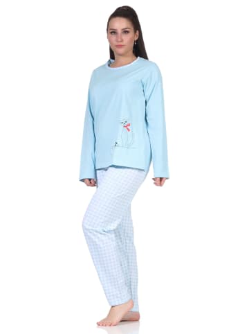 NORMANN langarm Schlafanzug Pyjama Katzen und karierter Jersey Hose in hellblau