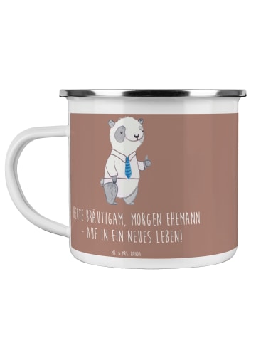 Mr. & Mrs. Panda Emaille Tasse Bräutigam Heute mit Spruch in Braun Pastell