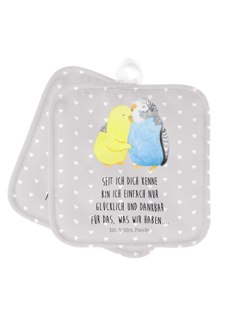 Mr. & Mrs. Panda 2er Set Topflappen  Wellensittich Liebe mit Spruch in Grau Pastell