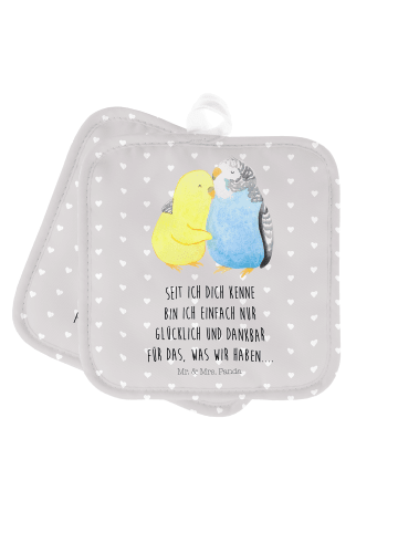 Mr. & Mrs. Panda Ofenhandschuhe Wellensittich Liebe mit Spruch in Grau Pastell
