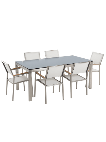 Beliani 7-tlg Gartentisch Set GROSSETO in Weiß/Schwarz/Silber