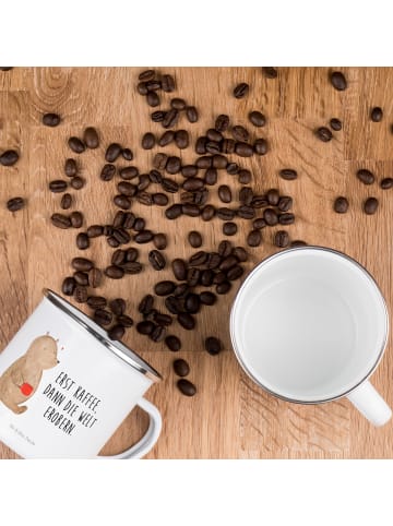 Mr. & Mrs. Panda Camping Emaille Tasse Bär Kaffee mit Spruch in Weiß