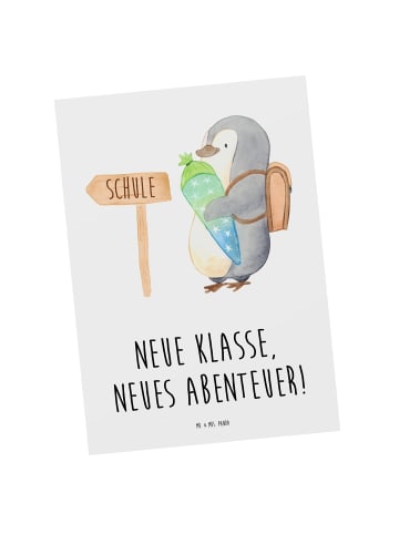 Mr. & Mrs. Panda Postkarte Erster Schultag Abenteuer mit Spruch in Weiß