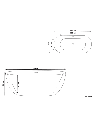Beliani Freistehende Badewannen CARRERA in Weiß/Silber - (W) 75 x (H) 58 x (L) 160 cm