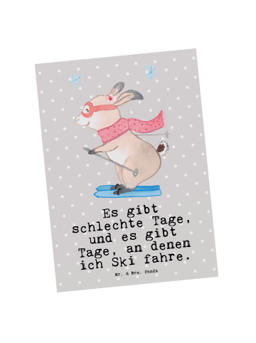 Mr. & Mrs. Panda Postkarte Hase Skifahren mit Spruch in Grau Pastell