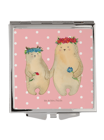 Mr. & Mrs. Panda Handtaschenspiegel quadratisch Bären mit Blumen... in Rot Pastell