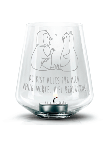 Mr. & Mrs. Panda Gravur Windlicht Pinguin Pärchen mit Spruch in Transparent