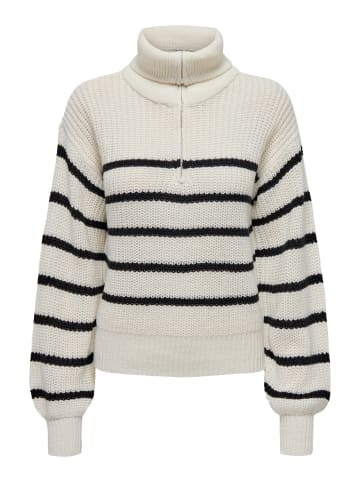 JACQUELINE de YONG Grobstrick Pullover Gestreifter Splitneck Sweater JDYJUSTY in Weiß