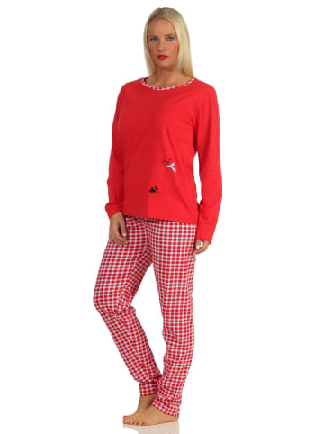 NORMANN langarm Schlafanzug Pyjama Katzen und karierter Jersey Hose - 66207 in rot