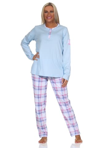 NORMANN Schlafanzug langarm Pyjama karierter Hose Jersey - 84735 in hellblau