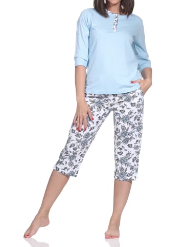 NORMANN Kurzarm Pyjama Caprihose floralem print in blau