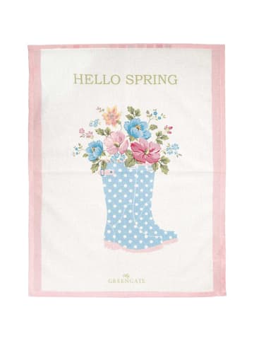 Greengate Geschirrtuch JOSEFINA HELLO SPRING Weiß mit Gummistiefel und Blumen