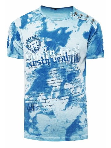 Rusty Neal T-Shirt Verwaschen mit Logo Print und Knopfleiste in Hell Petrol