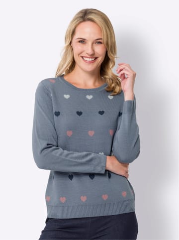 Sieh an! Rundhals-Pullover in taubenblau-ecru-gemustert