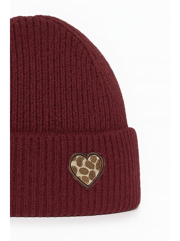 Faera Strickmütze mit Umschlag gerippt warm Herz Patch in Bordeaux