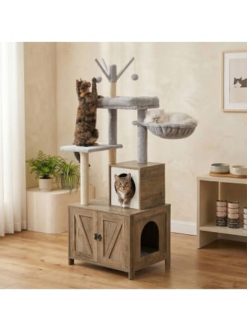 relaxdays Kratzbaum mit Katzenkloschrank in Holzoptik-Weiß in Faserplatte