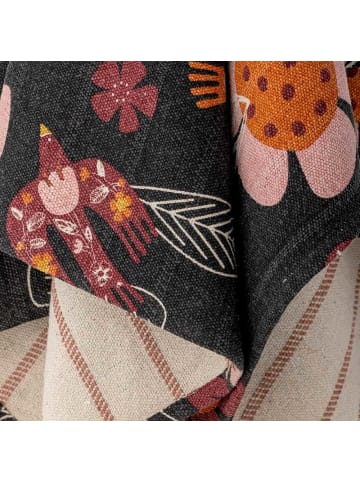 Bloomingville Decke VIVIELLE Schwarz mit Bunten Blumen und Beigen Quasten 160x130 cm