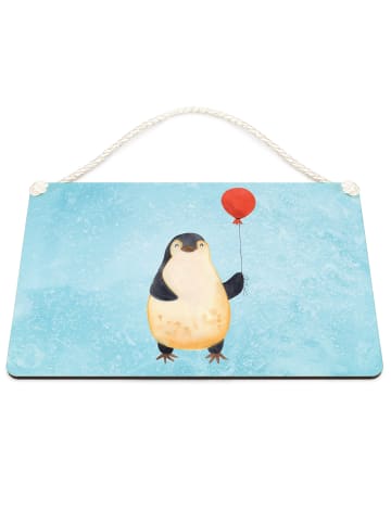 Mr. & Mrs. Panda Wandbild Holz Pinguin Luftballon ohne Spruch in Eisblau