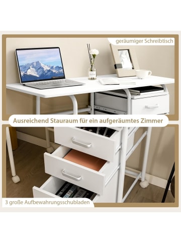 COSTWAY Computertisch mit 3 Schubladen und Rollen in Weiß
